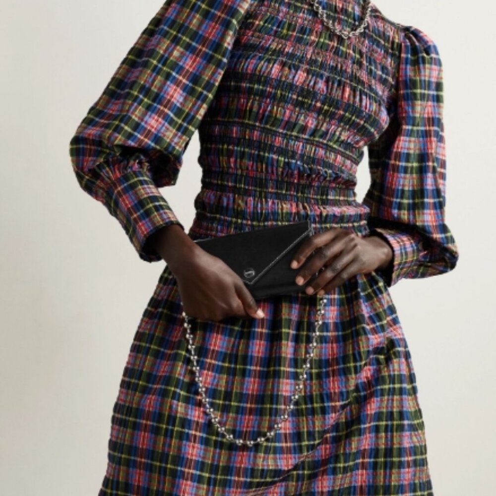 NWOT GANNI shirred Cecked Cotton-blend Seersucker Multi Midi Dress M $335